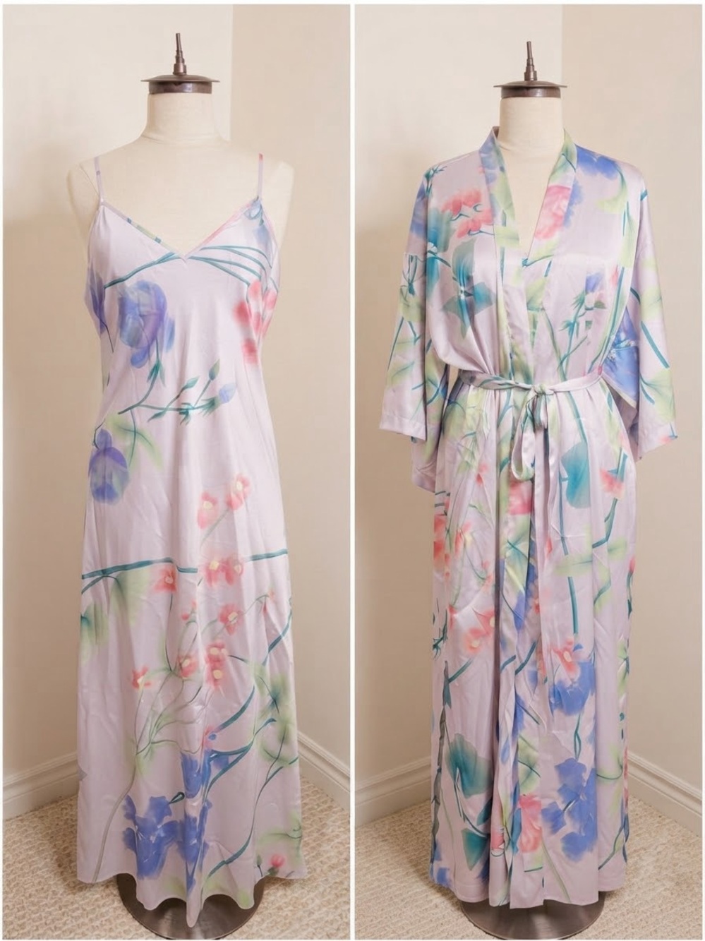 LA VIE EN ROSE Matching Satin Robe & Maxi Slip Dress Set – SIZE LARGE
